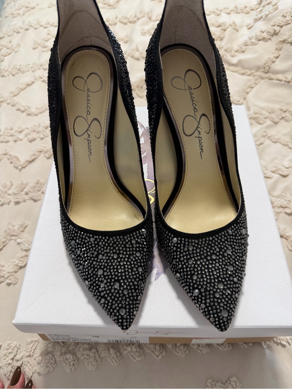 Jessica Simpson Black Crystal-Embellished Pointed Pumps